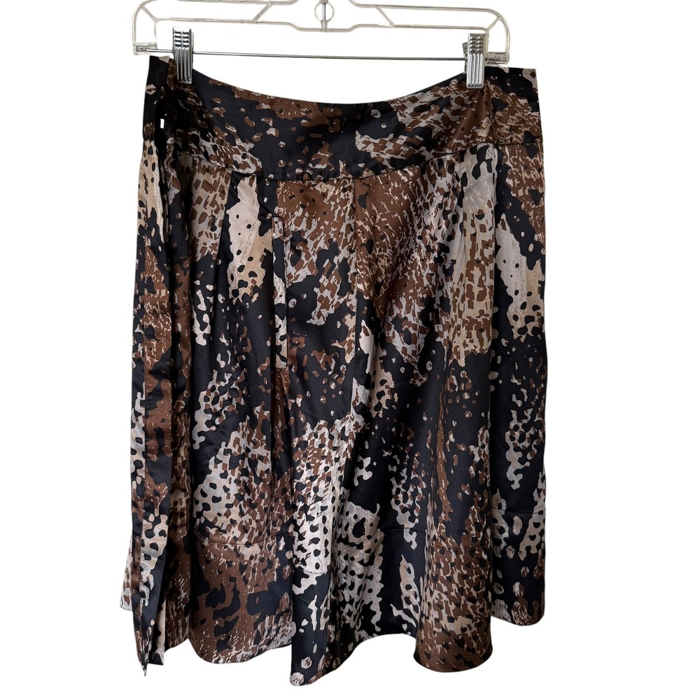 Worthington Pleated Skirt Women 12 Brown Black Animal Print Excellent Satin Look